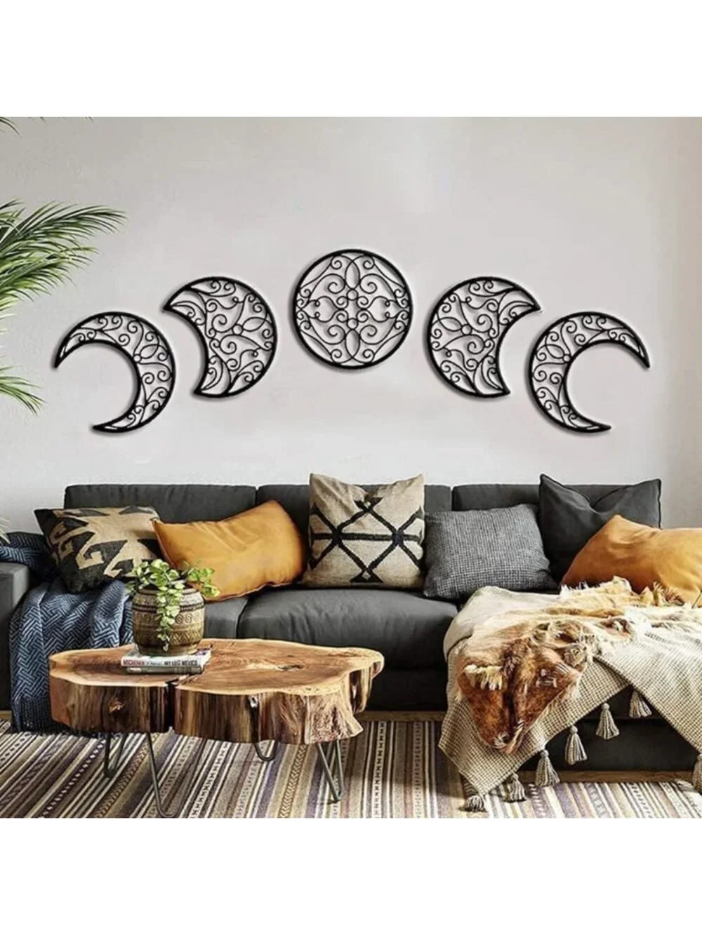 Boho Moon Phase Wall Art Set - 5 Piece Natural Wood Hanging Decor for Bedroom
